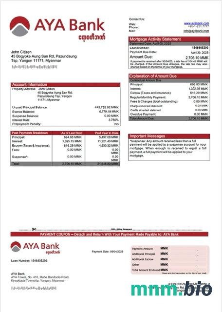 Myanmar AYA Bank wyciąg z kredytu hipotecznego szablon Word i PDF